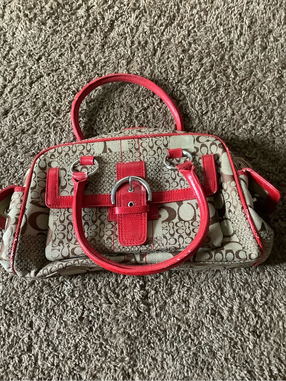 Coach Beige Logo Satchel with Coral Trim